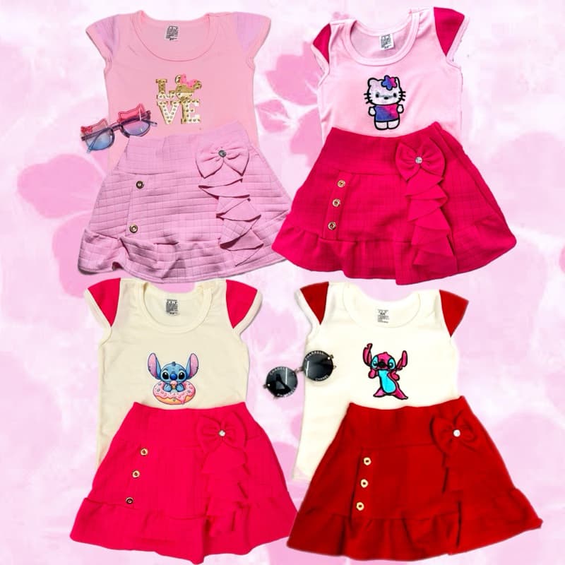 kit infantil Blusa e SAIA  Estampa Aleatoria infantil Menina Moda verão Roupa de verão Infantil menina