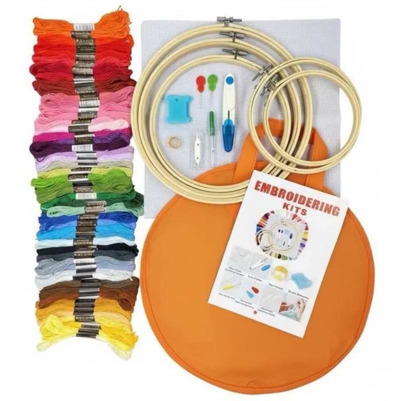 Kit Bordado Iniciante Ponto Cruz,50 Linhas Agulhas tesoura, 5 Bastidores Completos,25 agulhas,2 étamine 30x30