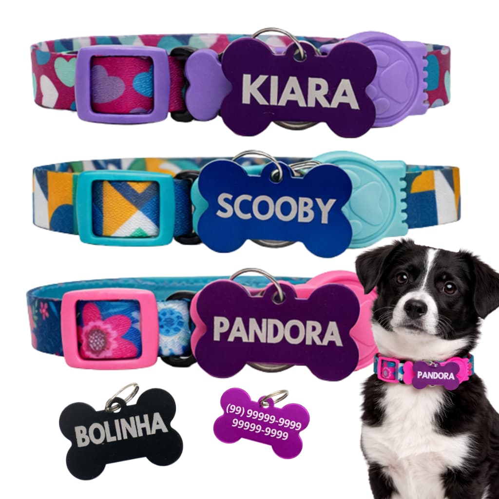 Coleira De Cachorro Personalizada Tag e plaquinha de identificação nome e telefone gravado