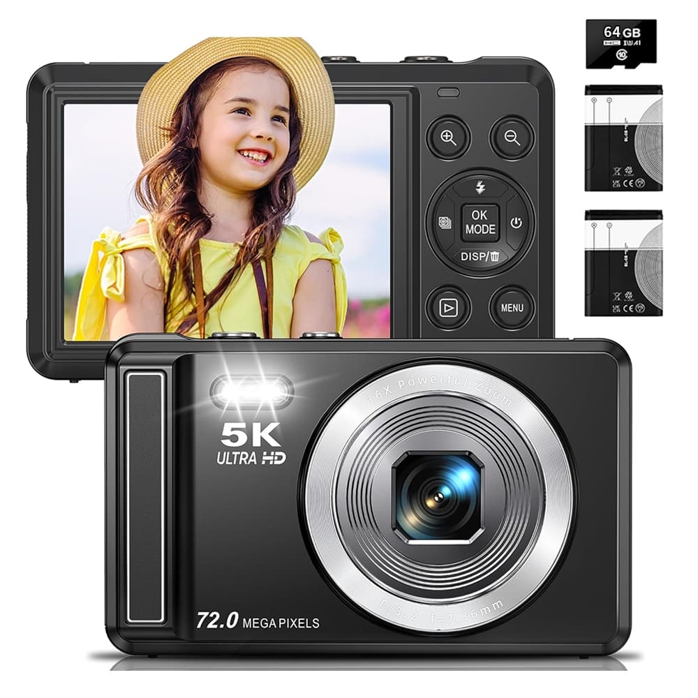 Câmera Digital 5K 72MP Ultra HD Zoom 16X Cartão 64GB (Preto/Rosa)