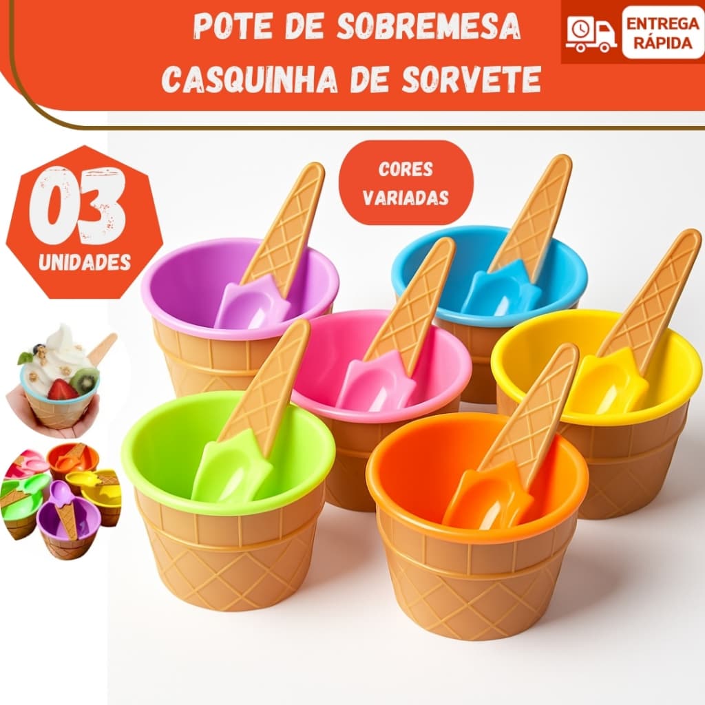 CONJUNTO POTE DE SORVETE E SOBREMESA EM FORMATO DE CASQUINHA DE SORVERE COM COLHER