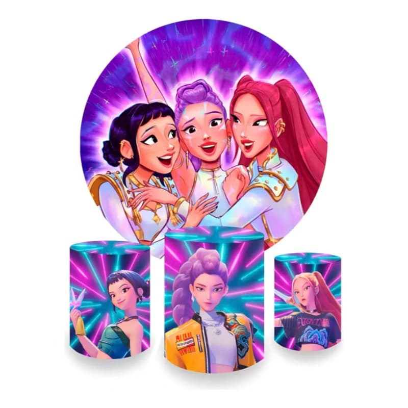 Kit Painel de Festa Redondo com Trio de Capas Tecido Sublimado Guerreiras Kpop Huntrix