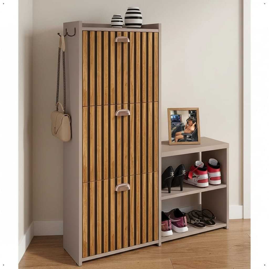 Sapateira 3 Portas Gaveta Basculante E Banco Quarto Closet Organizadora Sapatos Dakota Kit Gancho