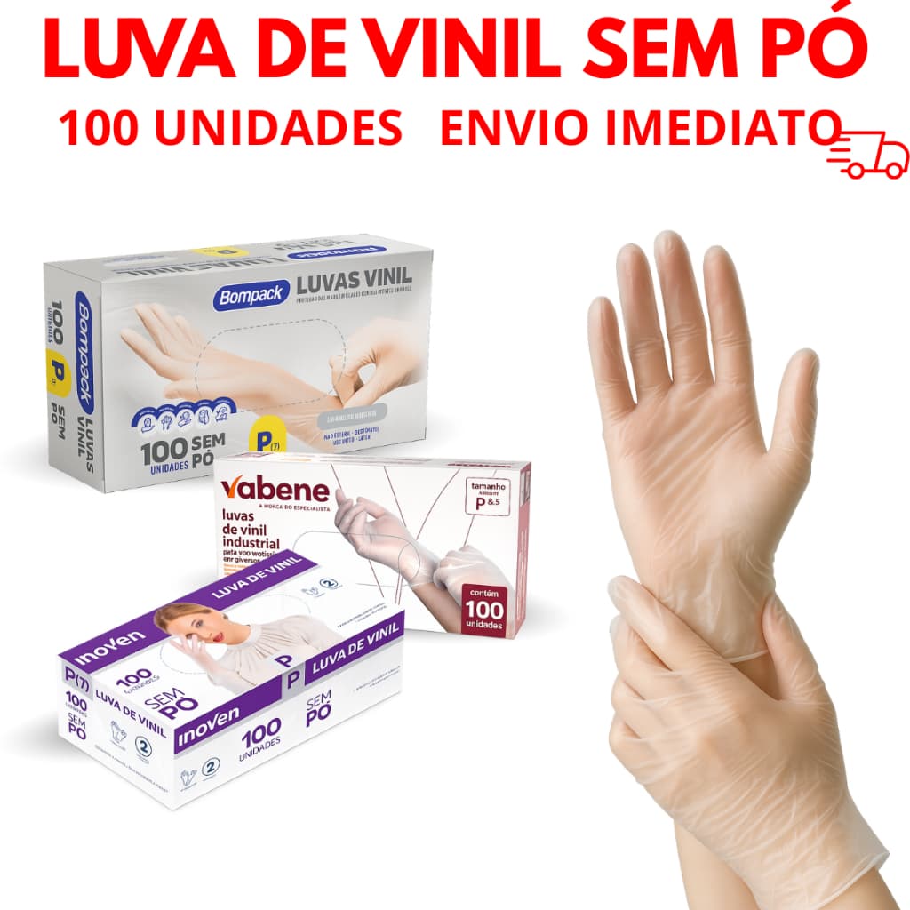 Luvas Vinil Transparente Descartável Sem Pó 100 Unidades Resistente Ambidestro Industrial e Domestico Sem Látex