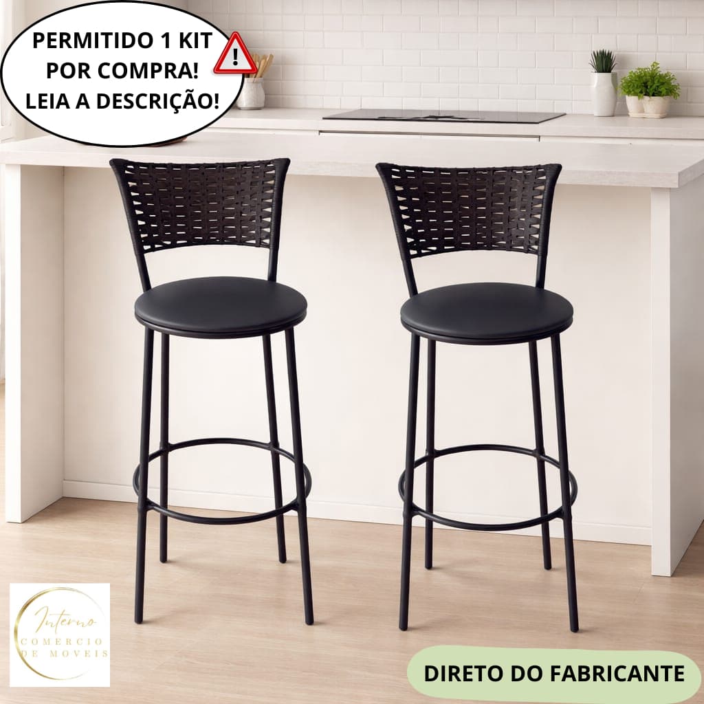 Jogo de 2 Banquetas Alta De Fibra Sintética PRETO Casa Bar Balcão Junco Vime
