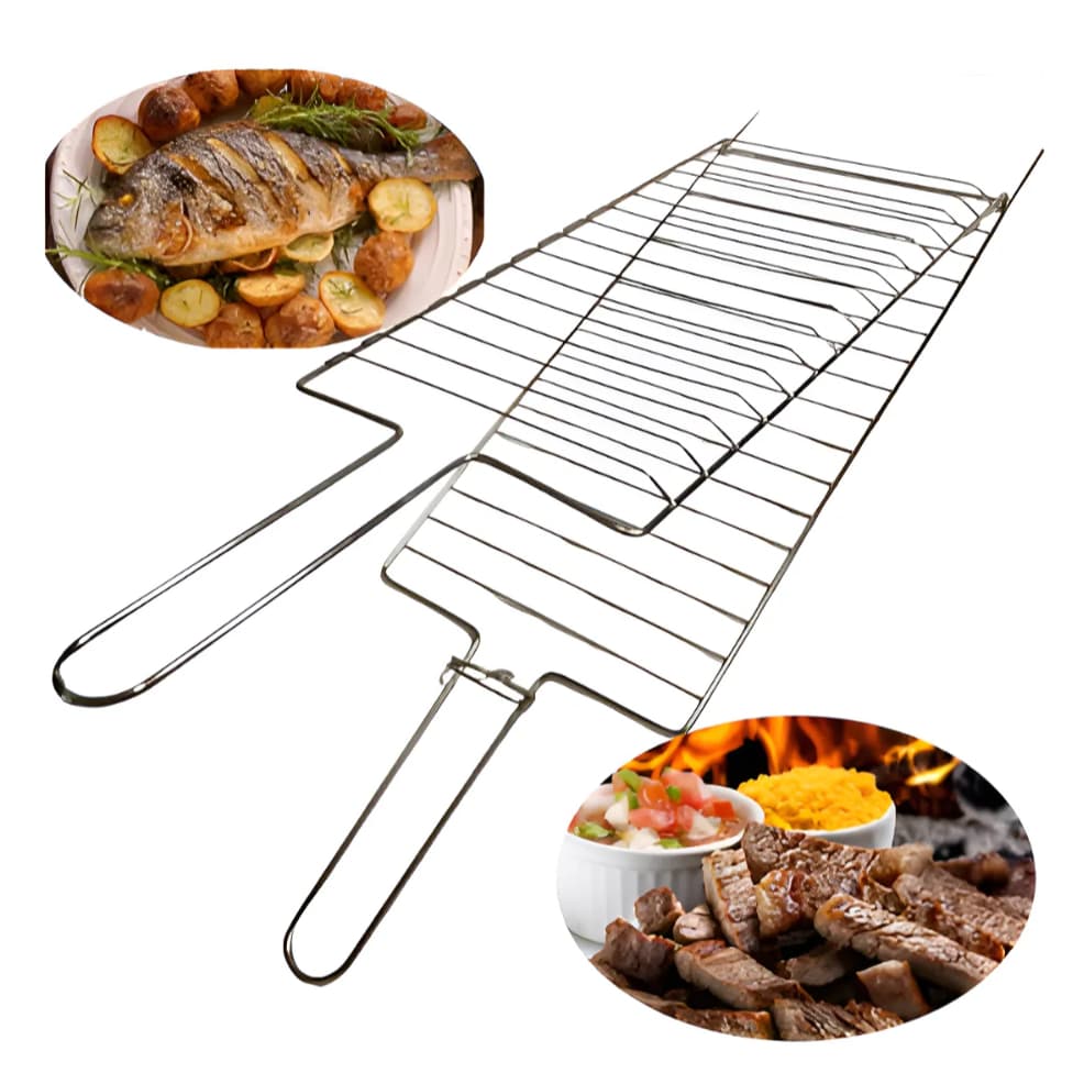 Grelha Dupla para churrasco, Inox 54cm X 17 cm, pão de alho, Peixe, Frango