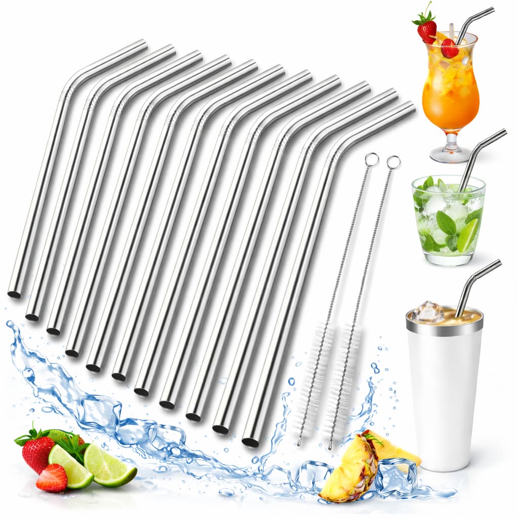 12 Canudos Inox Curvo com 03 Escovas Limpeza Reutilizáveis - ENVIO IMEDIATO