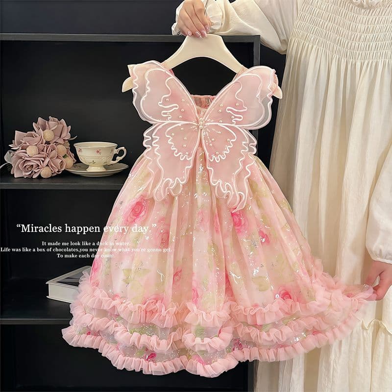 Vestido Infantil Feminino 1 a 11 anos com Estampa de Borboletas e Flores - Detalhes nas Costas em Forma de Asas