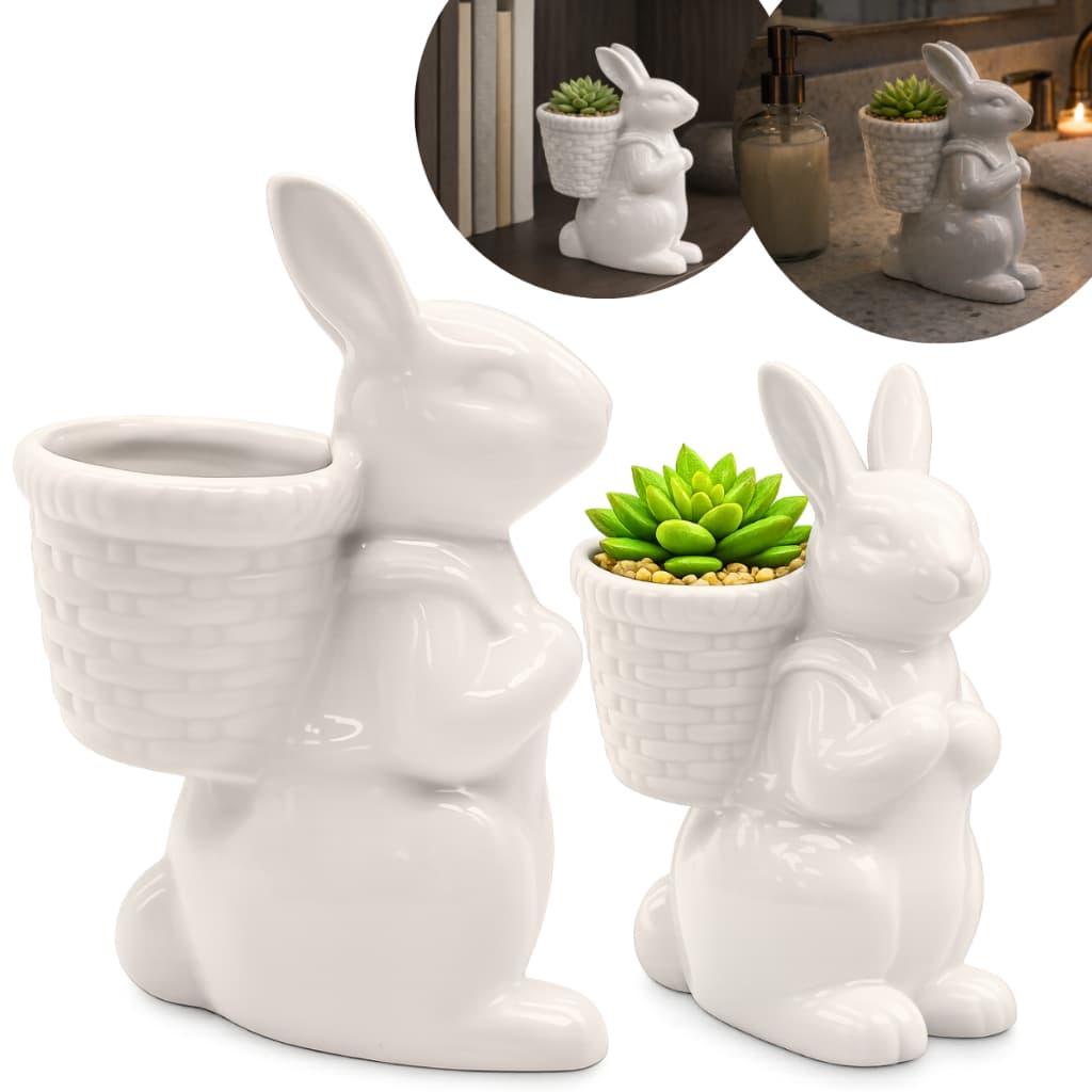Coelho Decorativo de Cerâmica Porcelana com Pote Decoração de Páscoa