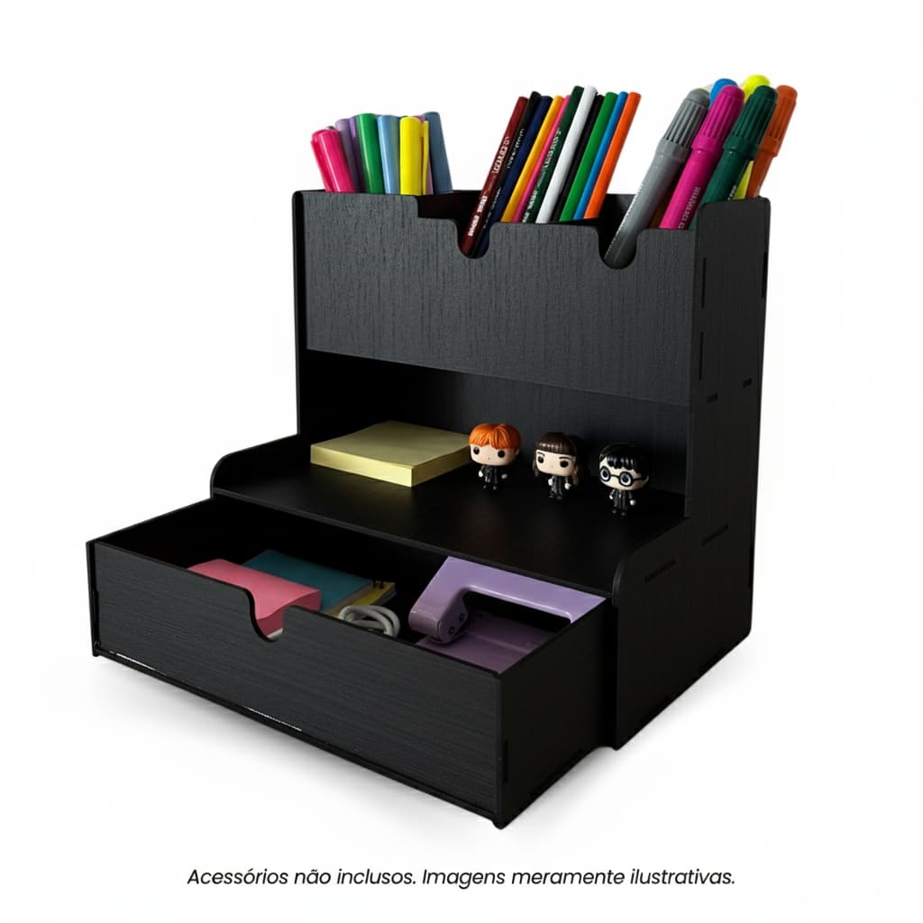 Organizador de Mesa Em Madeira Preto Porta Treco e Porta Lapis Escritório Home Office