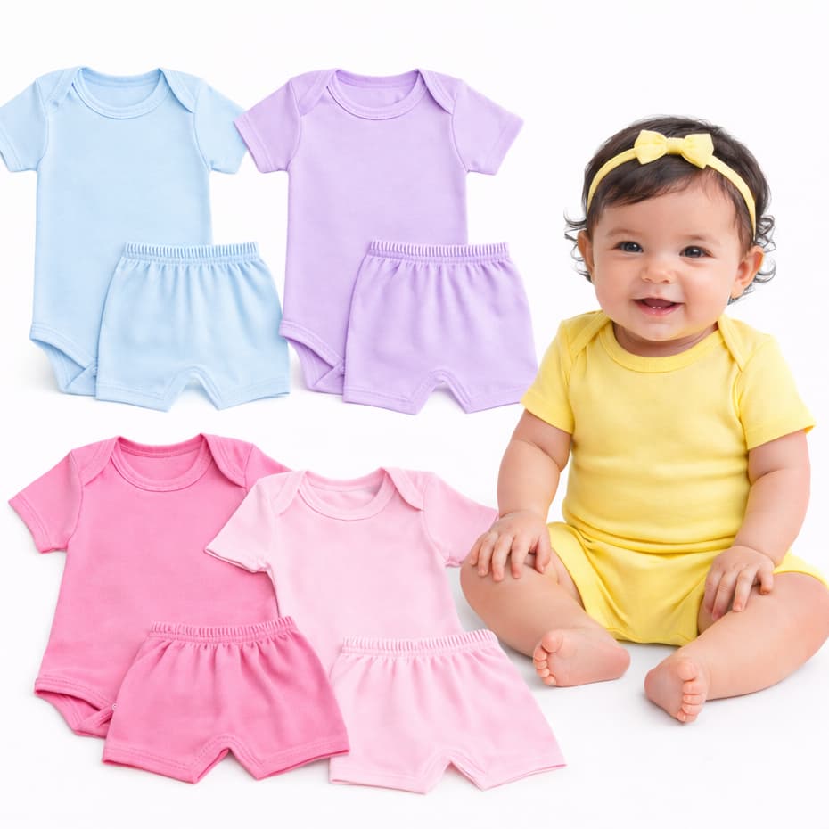 kit 4 peças Body + Shortinhos Menina e Menino Manga Curta verão para bebe infantil tapa fralda
