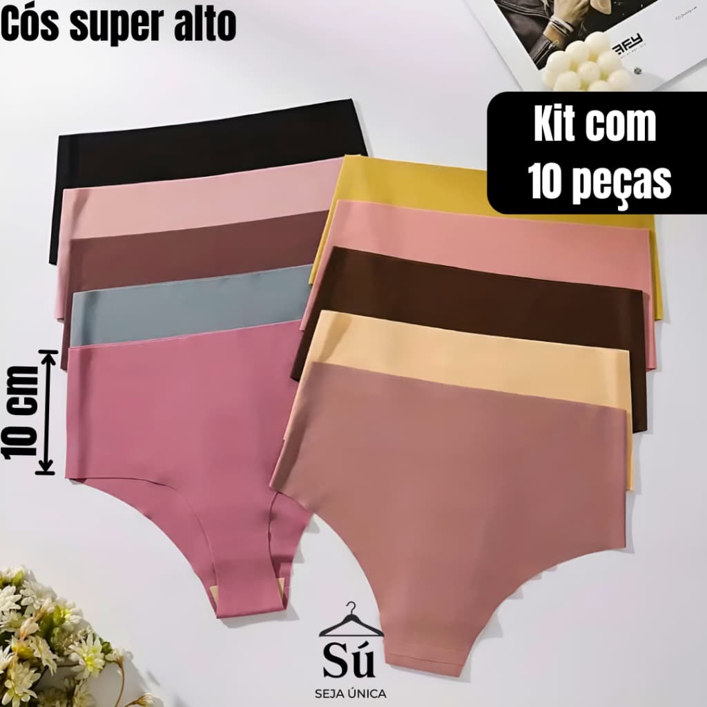 Kit 10 Calcinhas Cós Alto Sem Costura Corte a Laser Conforto Não Marca Forro 100% Algodão