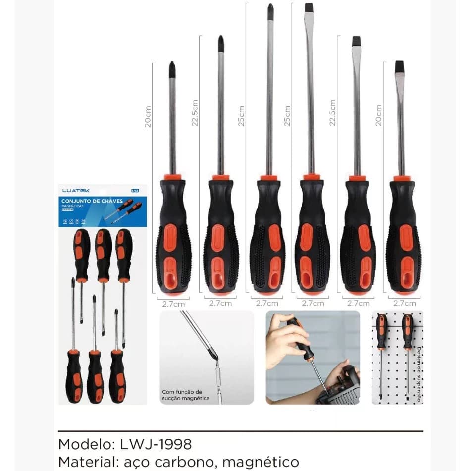 Jogo De Chaves De Fenda E Philips Com 6 Peças em Aço - Cabo emborrachado e pontas imantadas