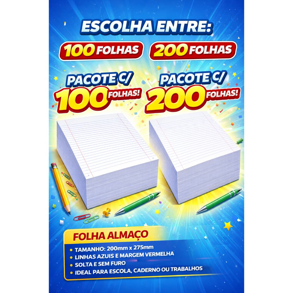Papel Folha De Almaço Com Pauta E Margem 100/200 Folhas