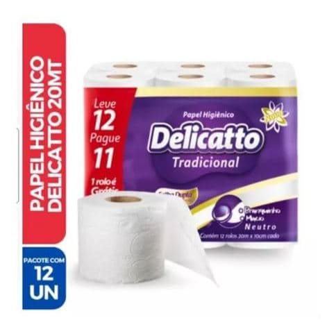 Papel Higiênico Delicatto Folha Dupla 20M Tradicional Branco leve 12 pague 11