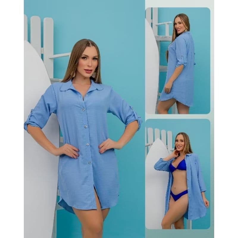 Chemise Feminino com Botão Saída de Praia Camisão Praia  Vestido kimono Roupa Feminina Moda Praia