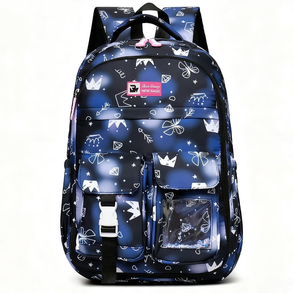 Mochila Infantil Feminina Escolar com Janela Transparente, Abertura 180°, Chaveiro de Ursinho e Estojo Interno