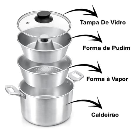 Panela Multiuso 3 em 1 Alumínio | Cuscuzeira + Forma de Pudim + Vapor Legumes