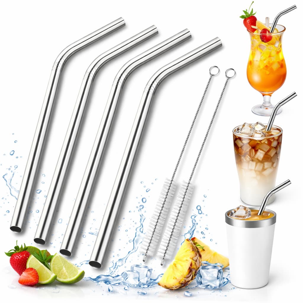 04 Canudos Inox Curvos + 01 Escovinha Limpeza Drinks Bebidas - ENVIO IMEDIATO