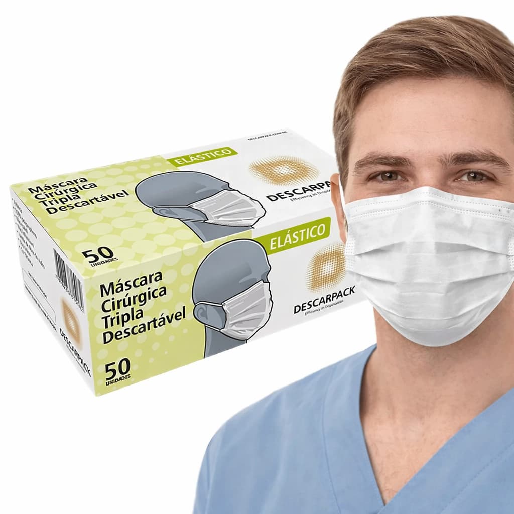 Máscara Descartável Tripla Camada Adulto Branca ou Preta Cx com 50 unidades Com Elástico