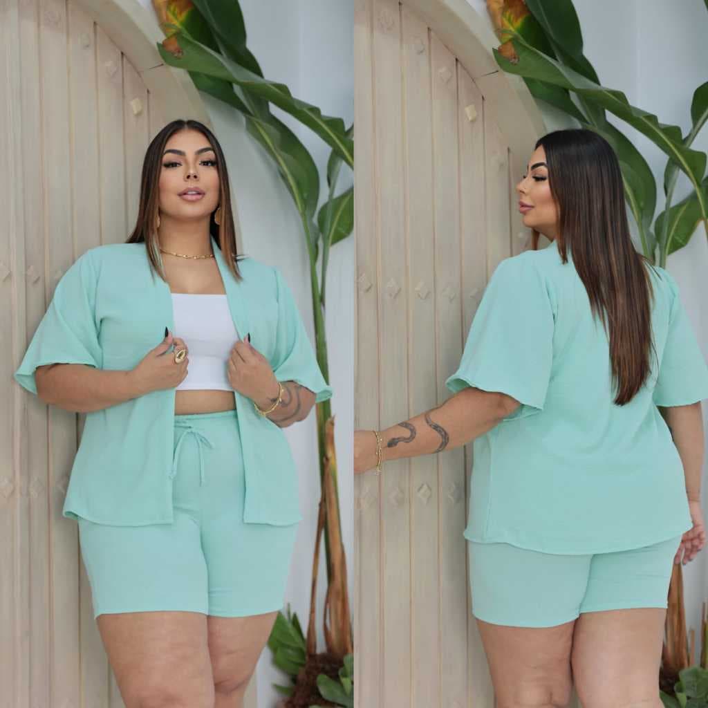 Conjunto Kimono Feminino Plus Size 2Pç (kimono+short) Com Elástico no Cós Disponível (48 ao 54)