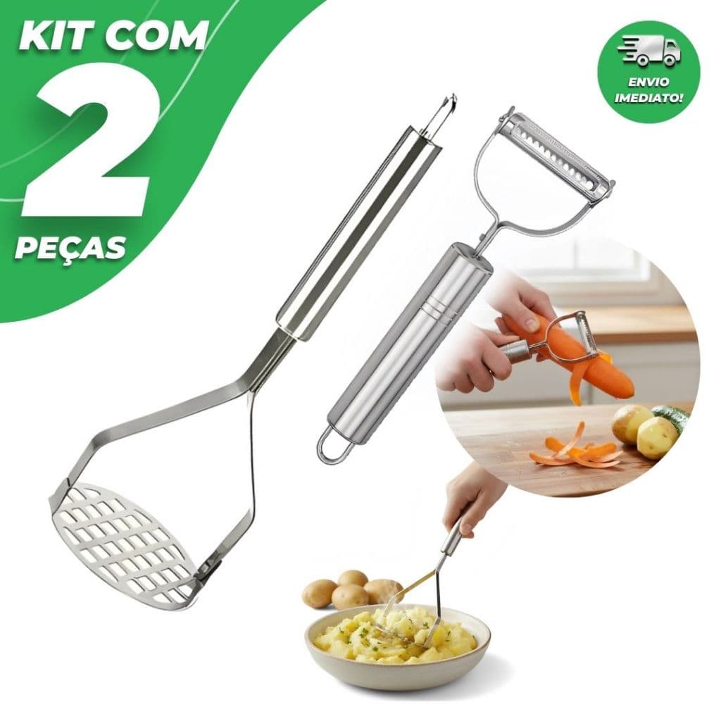Kit 2 Peças Amassador de Batata. + Descascador de Legumes em Inox Profissional Premium