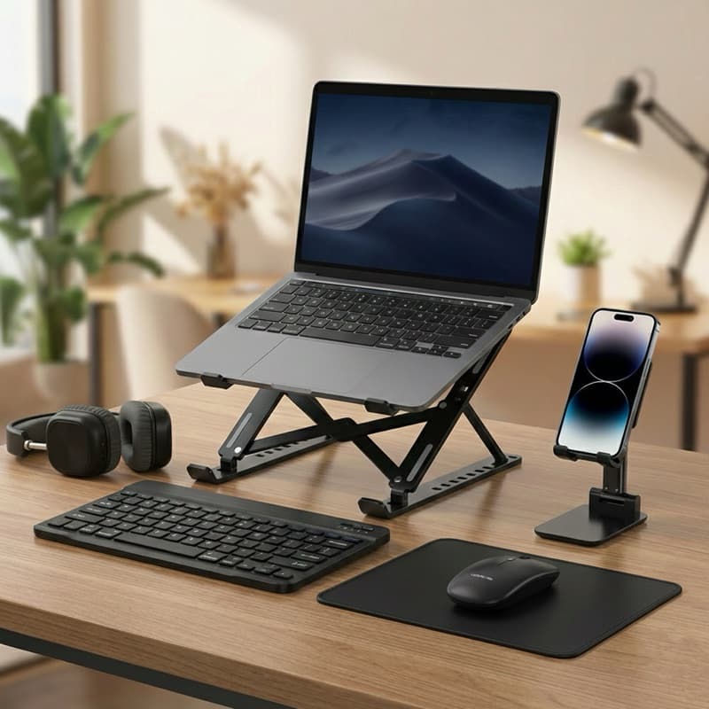 Home Office - Kit Suporte Notebook/Celular, Mouse+Teclado Sem Fio, Mousepad, Headphones