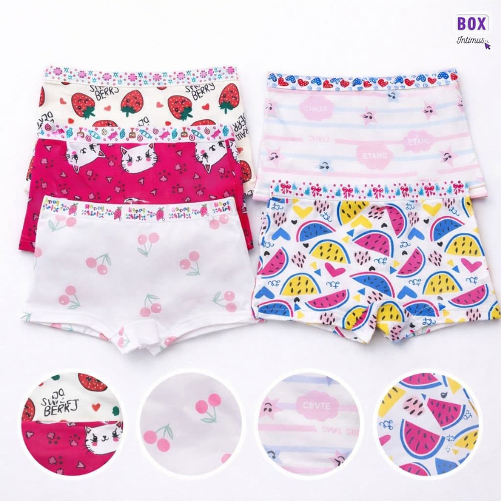 Kit Calcinha Infantil Boxer Estampada Menina – 3, 6, 9 ou 12 Unidades | Confortável para o Dia a Dia