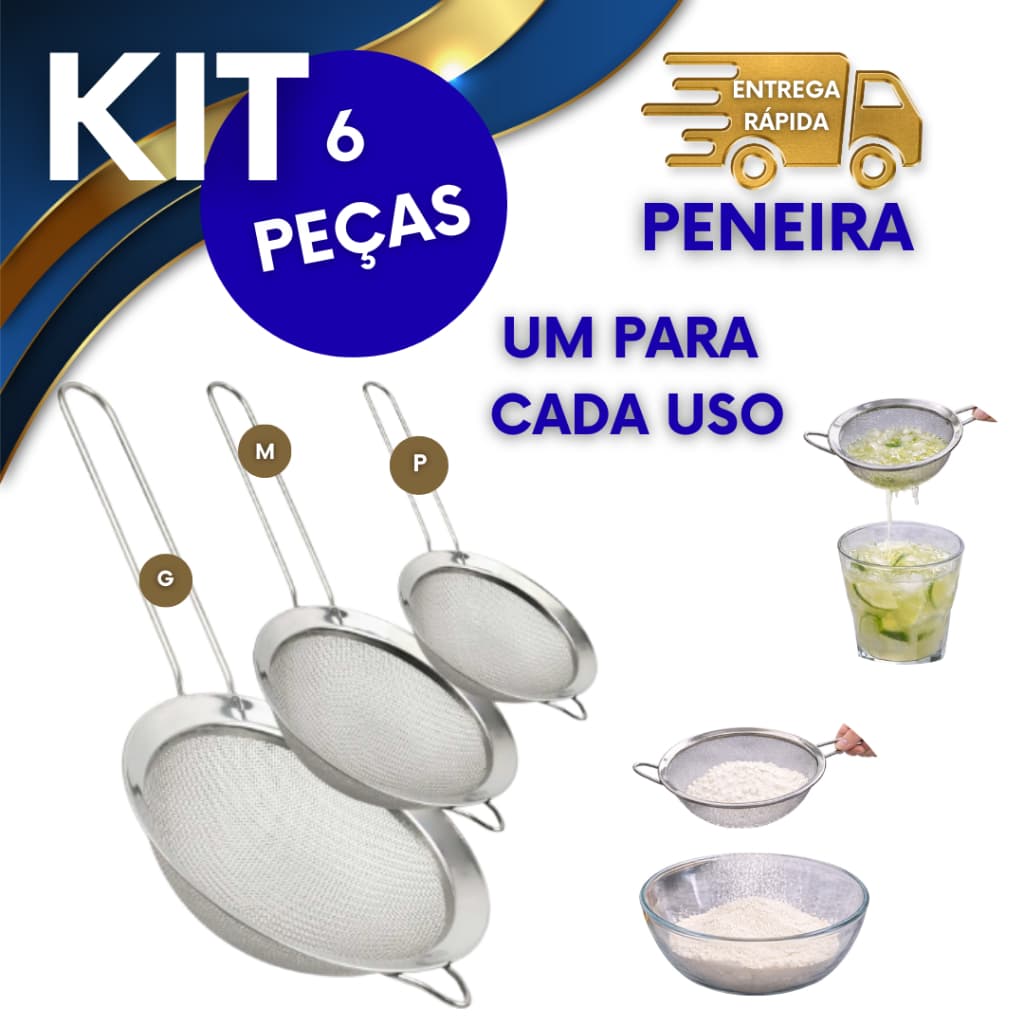 6 PENEIRAS PARA COAR SUCOS CHÁS MACARRÃO FARINHA POLPAS USO DOMESTICO E PROFISSIONAL TELA FINA