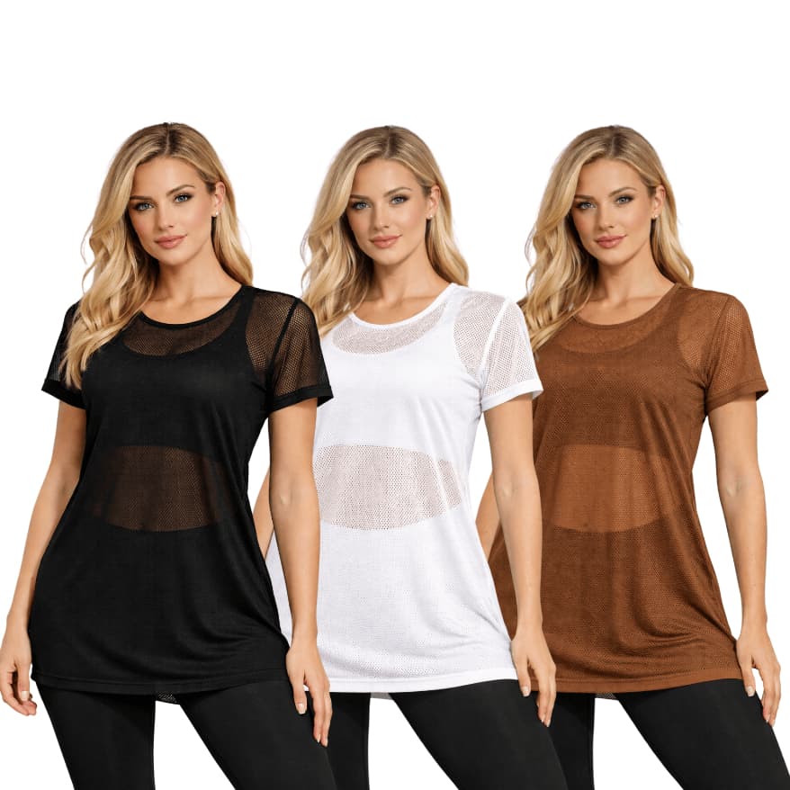 KIT 3 Blusa Feminina Transparente de Tule Manga Curta Camiseta Academia Treino