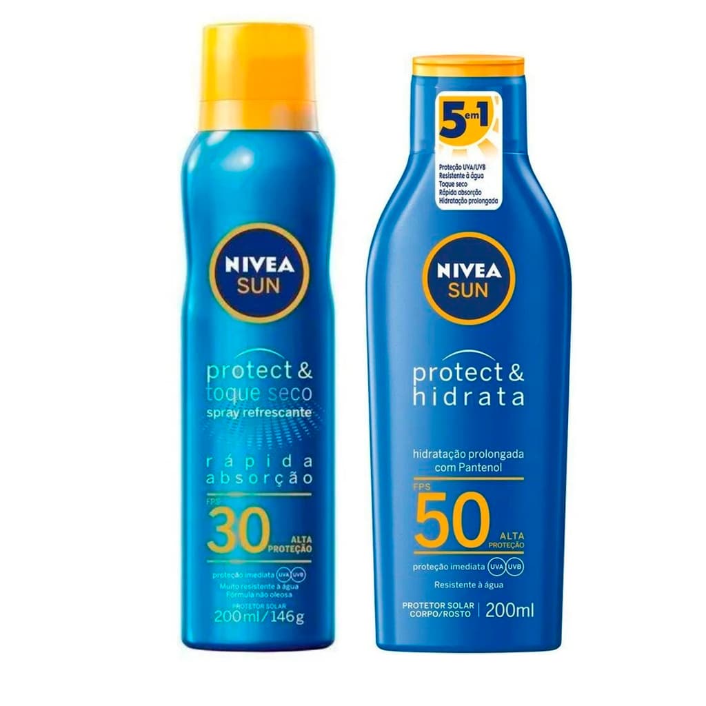 Kit Nivea: Protetor Solar Spray Toque Seco Fps 30 200ml + Protetor Solar Hidrata Fps 50 200ml