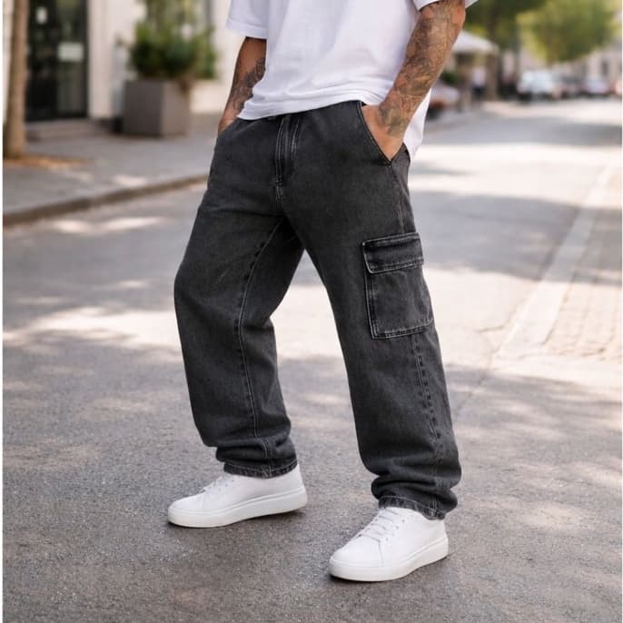 Calça Cargo Masculina Grafite Preta Azul Larga Sarja Jeans Bolsos Laterais