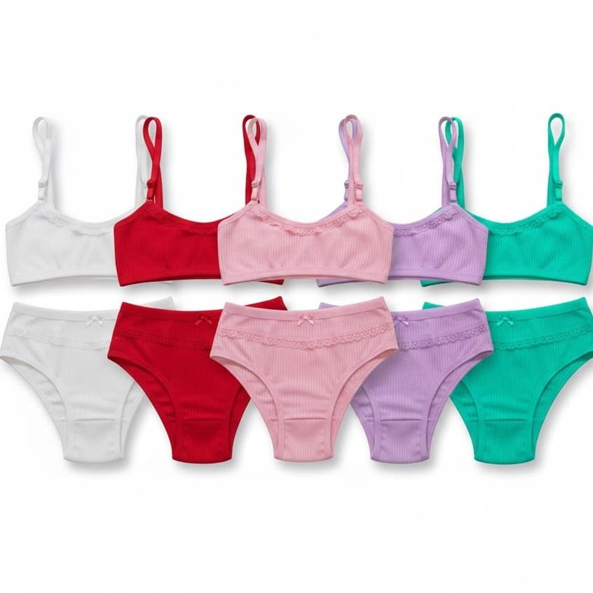 Conjunto Infantil Suede Canelado Top sem Bojo Calcinha Menina 6 a 12 Anos Detalhe Rendado Edumara