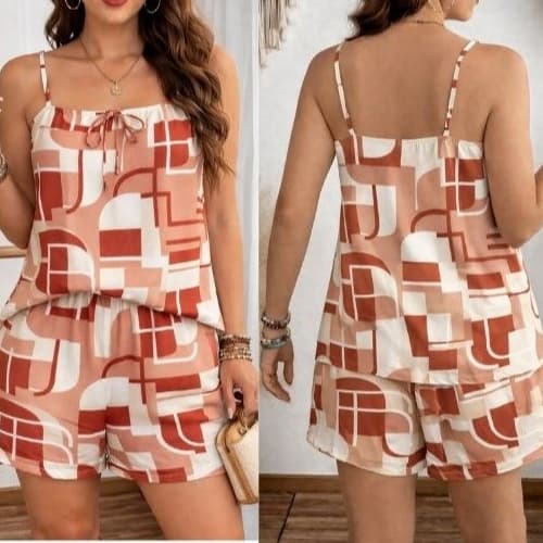 Conjunto Feminino Blusa Regata e short Cintura alta Estampado Verão