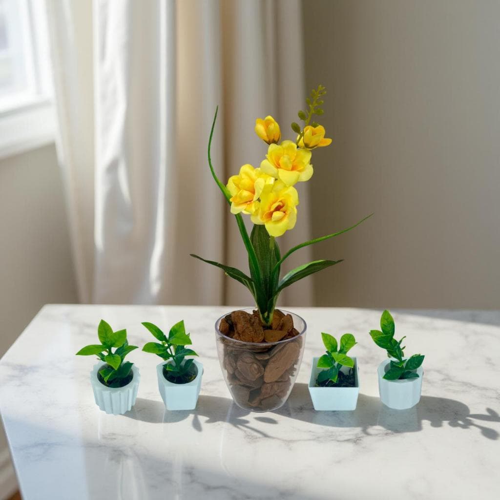 Conjunto 2 Decorações - 4 Mini Vasinhos + Vaso Médio em Acrílico com Plantas Artificiais Decorativas