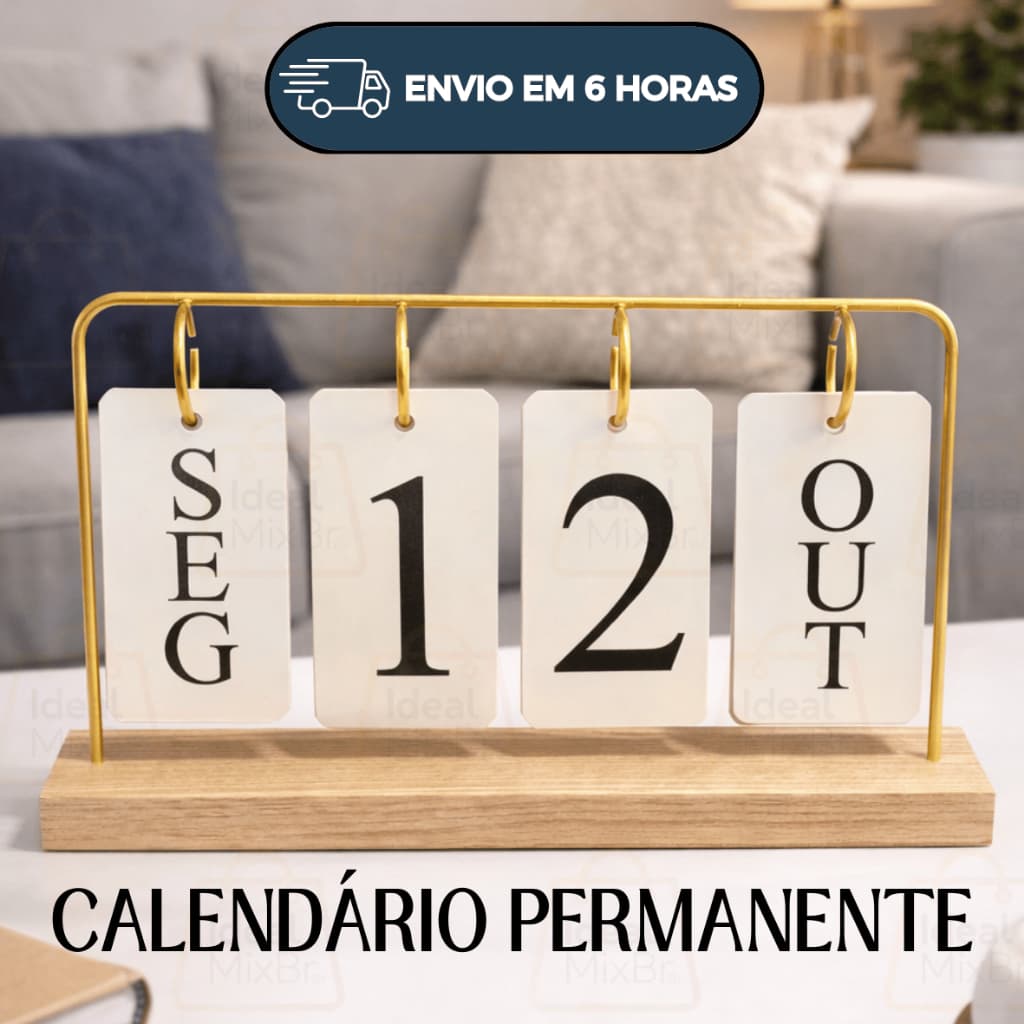 Calendário Permanente de Mesa Decoração Sala de Madeira e Metal para Escritório e Casa