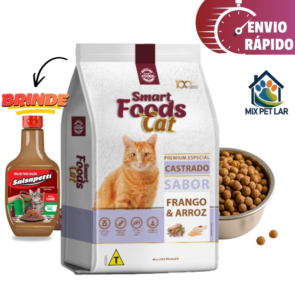 RAÇÃO SMART FOODS CAT ALIMENTO GATOS CASTRADOS 10,1KG FRANGO & ARROZ + MOLHO CREMOSO SALSAPETTI 250G