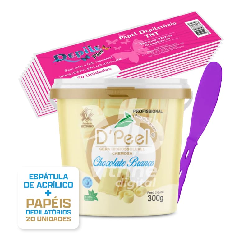 Kit Cera Depilatoria Hidrossoluvel Dpeel 300g + Espátula Acrilica + Papel Depilatorio 20 Unidades