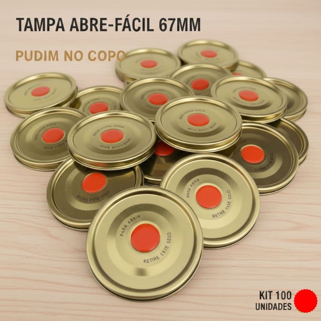 Kit com 100 Tampas Metálicas 67mm p/ Pudim no Copo Americano - Vedação a Vácuo (Linha Premium)