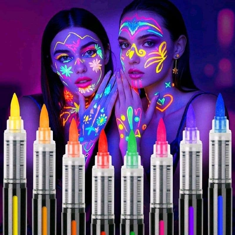 Kit 8 Canetas Neon UV para Pintura Facial e Corporal Brilha no Escuro Com Luz Negra para Festas DJ, Raves e Baladas