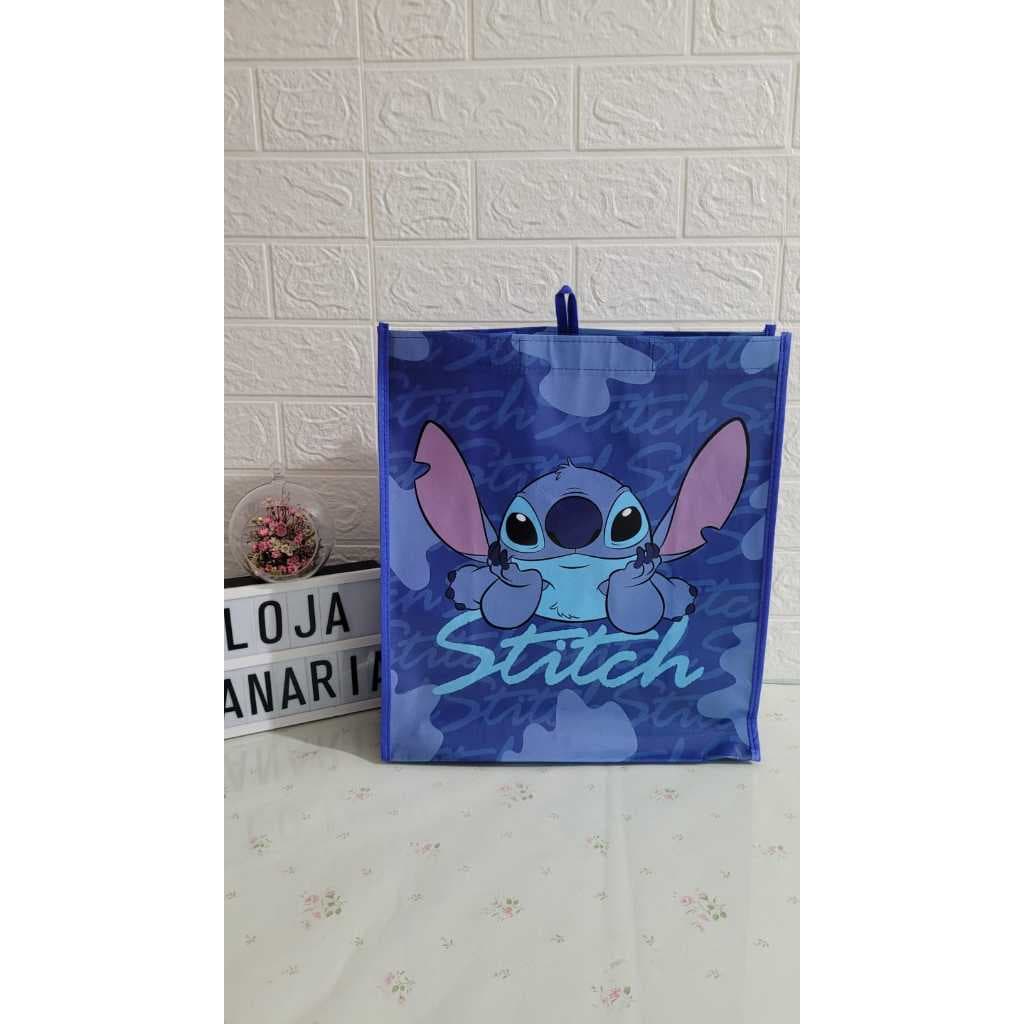 Sacola Retornável Stitch Azul Escuro Reutilizável Grande 35x39 Resistente Eco Sacola Ecológica para Compras Mercado feir