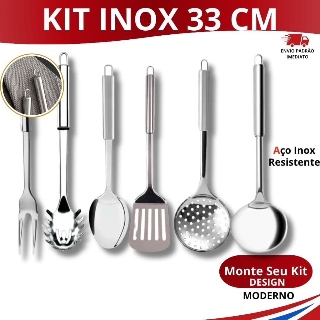 kit Peças Servir Alimentos Ideal Para Restaurante Inox 33 cm Colher de Arroz Concha Escumadeira