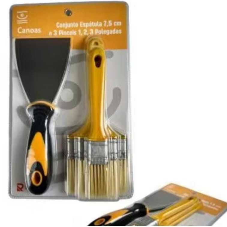 Kit Pintura Profissional 4 Peças - 3 Pincéis + Espátula de Aço - Oferta Especial 4 em 1.