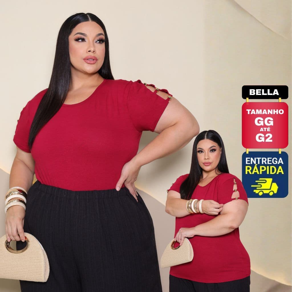 Blusa Plus Size Manga Curta Visco Lycra Premium com Detalhe na manga