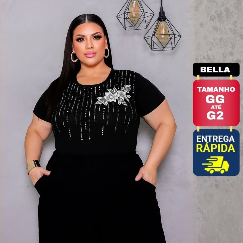 Blusa Plus Size Feminina Gola Redonda Estampado com Brilho Strass com Flor Tamanhos GG G1 G2 Moda
