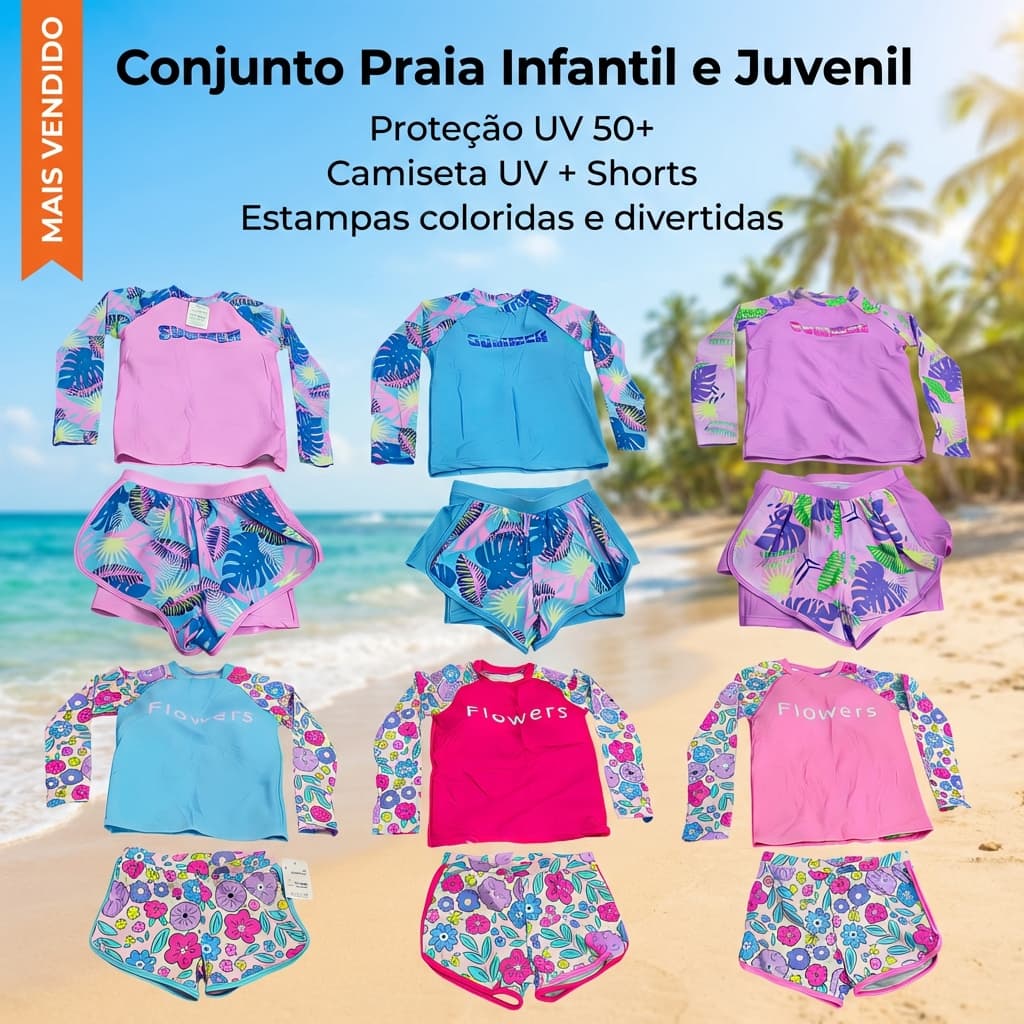 Kit Praia Feminino Biquini Infantil Juvenil Blusa Manga Longa Proteção UV50+ Short Moda Praia Verão