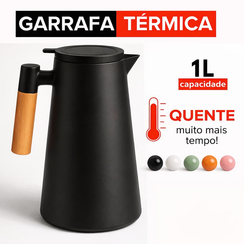 Garrafa Térmica 1L com Cabo de Madeira Mantém Café e Chá Quentes por Horas Design Premium