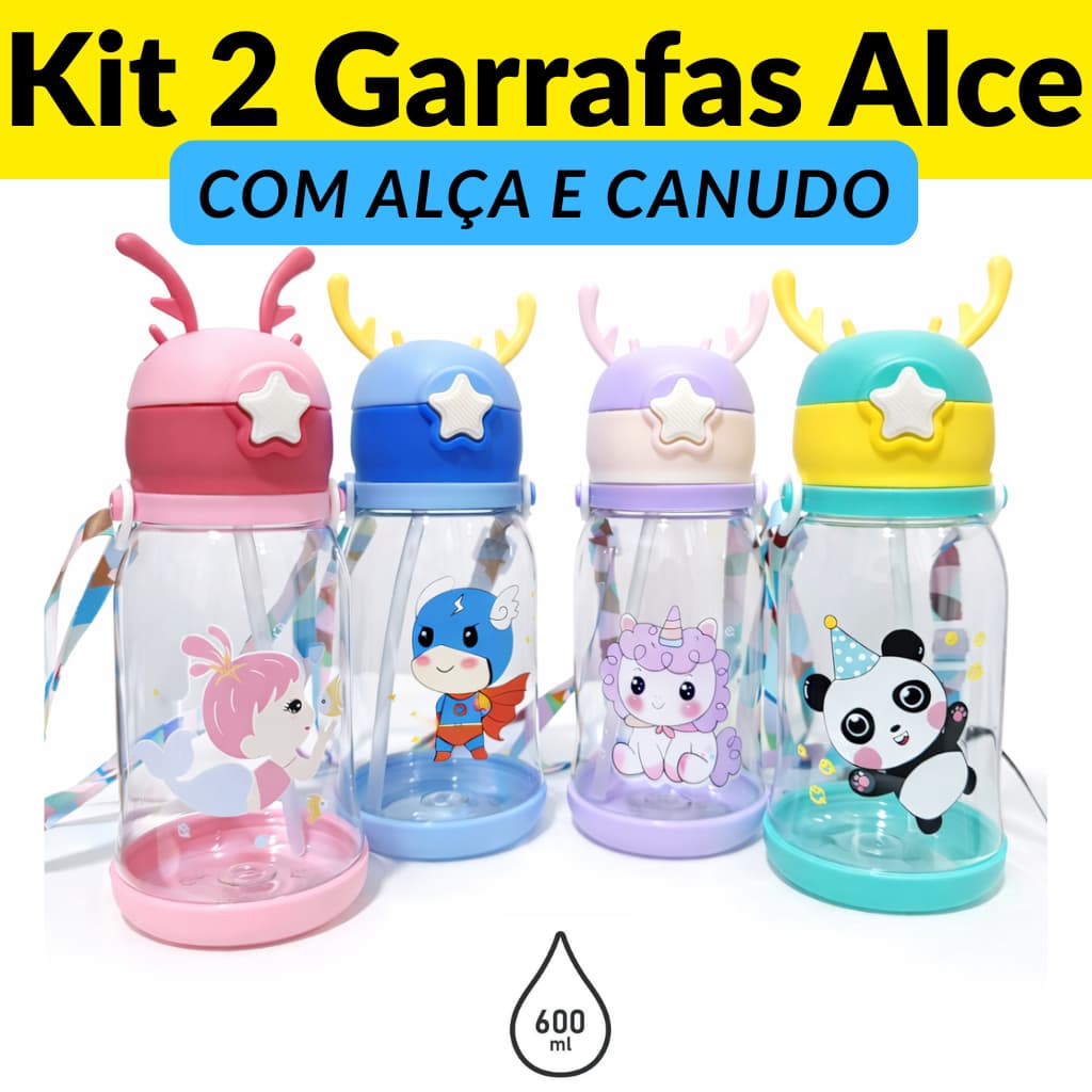Kit 2 Garrafa de Alce Infantil Criança com Canudo Para Menino Menina 600ML Escola