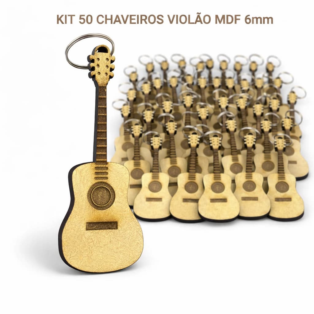 Kit com 50 Chaveiros De Violão MDF 6mm com Argola Instrumento Musical Lembrancinha Decoração Top
