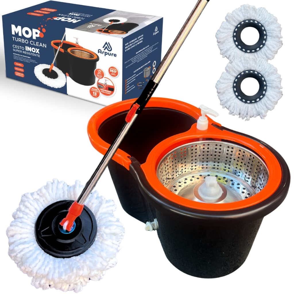 ARPURE Mop Esfregão Giratório Balde Inox 13 Litros + 2 Refis + Cabo Longo 1,4 Metros